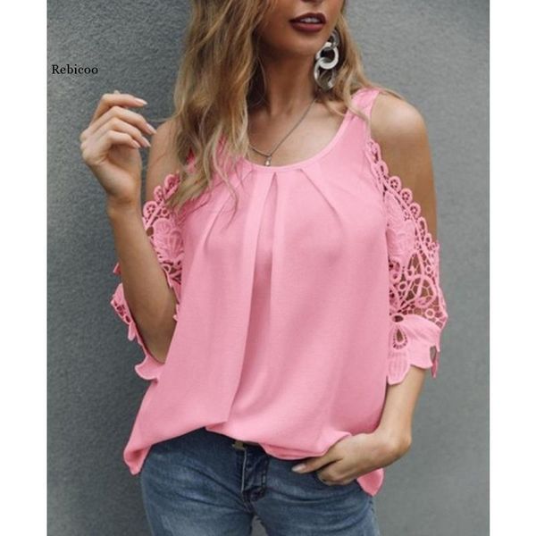 

women lace off shoulder chiffon summer fashion casaul clothes o-neck short sleeve solid shirt femme ruffle blusa mujer women's t-s, White