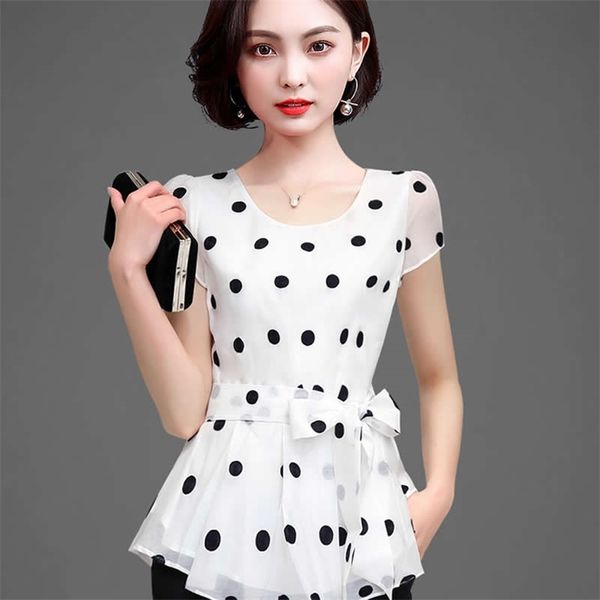 

women casual summer style chiffon blouses shirts lady short sleeve o-neck polka dot printed blusas df2824 210412, White