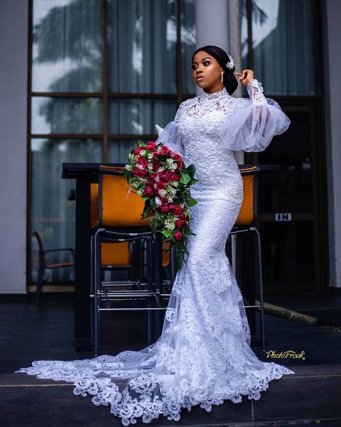 Kant Aso Ebi Trouwjurken Puffy Tulle Lange Mouwen Mermaid Plus Size Hoge Hals Bellaniaja Bruidsjurken Voor Bridal