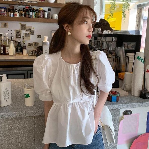 

women's blouses & shirts vintage loose puff short sleeve women blouse fashion tide slim waist draped design 2021 summer elegant chic bl, White