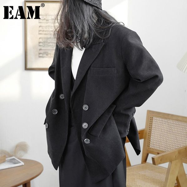 

[eam] women black big size pocket zipper blazer lapel long sleeve loose fit jacket fashion spring autumn 1dd6707 210512, White;black