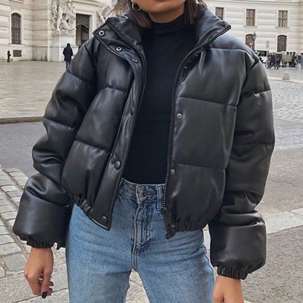 

winter womens jacket thick warm short parkas women fashion black pu leather coats women elegant zipper faux leather jackets