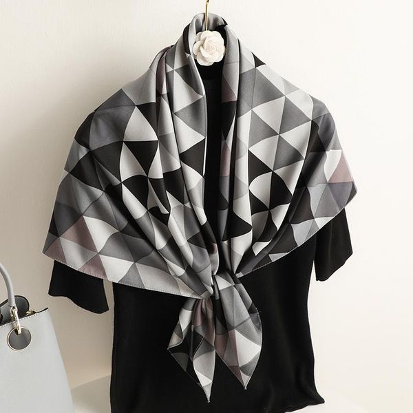 

scarves 2021 luxury twill square scarf for women geometry headband print kerchief hair bands soft shawl wrap foulard bandana, Blue;gray