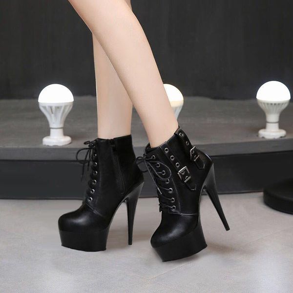 

boots 5inch belt buckle ankle women lace up high stripper heels peep toe concise platform fetish nightclub pole dance shoes, Black