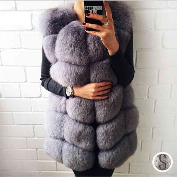 

trodeam 70cm long faux fur vest for women genuine leather coats winter female fur jacket luxury outerwear customize 210817, Black