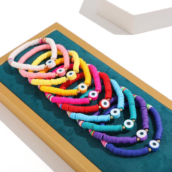 

charm bracelets bohemia evil eye polymer clay bangle for women multicolor handmade disc beaded elastic rope bracelet female jewelry, Golden;silver