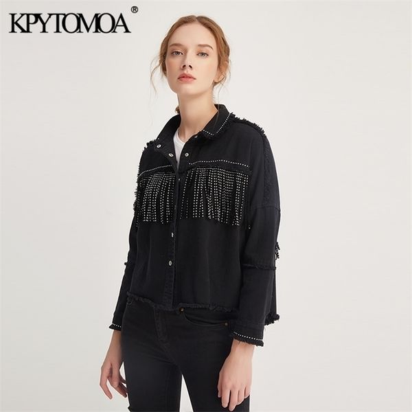 KPyTomoa mulheres moda borla frisado enorme jaqueta jaqueta casaco vintage manga comprida desgastado hem feminina outerwear chique tops 211014