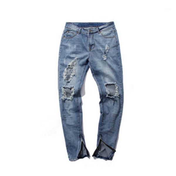 Jeans da uomo stile coreano slim-fit grande strappato dritto tinta unita moda casual pantaloni maschili cerniera piedi pantaloni hip-hop