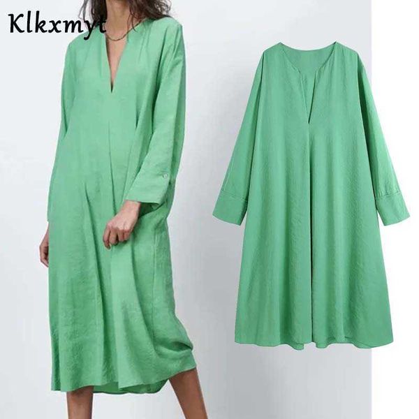 

klkxmyt za fashion solid green midi dress women casual spring long sleeve dresses woman v neck asymmetric loose vestidos 210527, Black;gray