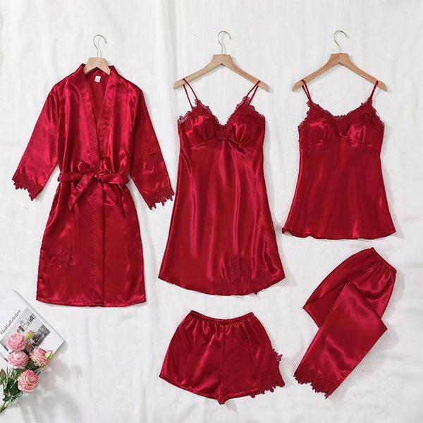 

women's sleepwear silk sling five-piece pajamas, Black;red