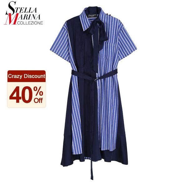

Summer Clothing Woman Short Sleeve Blue Striped Shirt Dress With Bow Tie Sashes Girls Casual Street Office Style Robe Femme 8229, 8229 multicolor