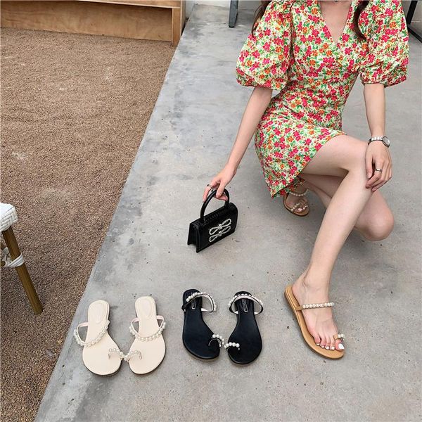 

slippers 2021 summer fashion sweet pearl lazy beaded sandals 2cm height increase, Black