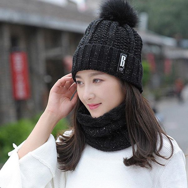 

hats, scarves & gloves sets 2pcs scarf hat set women ladies winter warm solid pompoms knitted and black gray pink red, Blue;gray