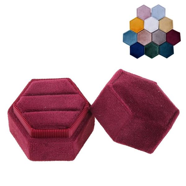 

jewelry pouches, bags hexagon velvet ring box double display holder with detachable lid for wedding ceremony(wine red), Pink;blue