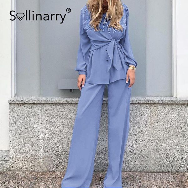 

women's two piece pants sollinary 2021 autumn loose lace up shirt suit elegant office lady outfits casual long sleeve blouse straight p, White