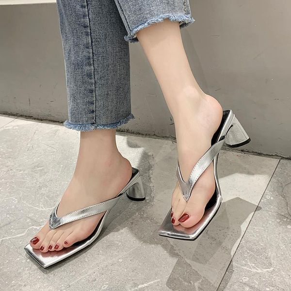 

slippers rimocy clip toe high heels women silver white square party slides fashion sandals female, Black