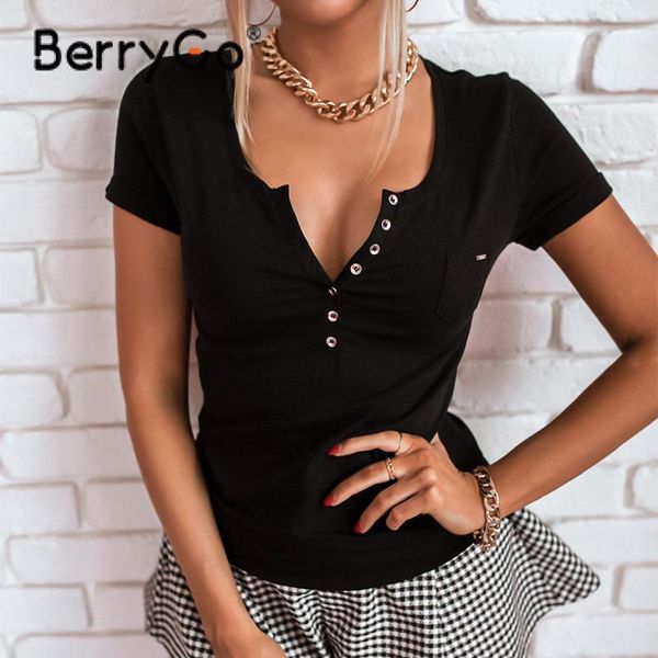 

berrygo casual short sleeve women's t-shirt 2021 chic classic white button office ladies v-neck solid summer