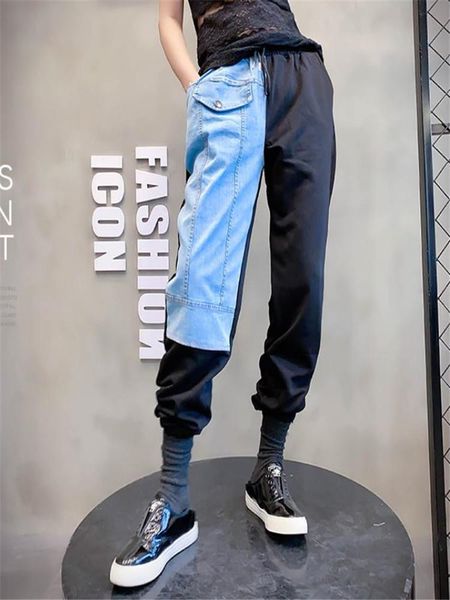 

spring sweatpants women's stitching denim panelled elastic waist ankle-length harem pants & capris, Black;white