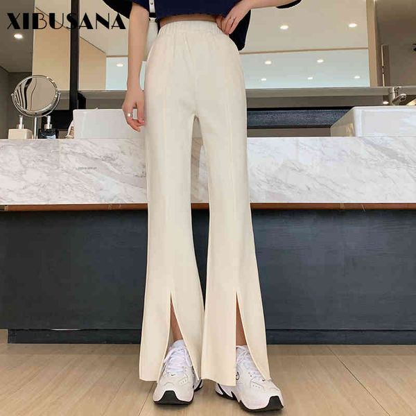 

women solid flared pants spring autumn high waist split wide leg pant casual female long trousers spilt straight pantalons 210423, Black;white