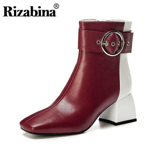 

boots women ankle genuine leather office ladies shoes autumn winter metal buckle retro square toe high heels size 33-421, Black