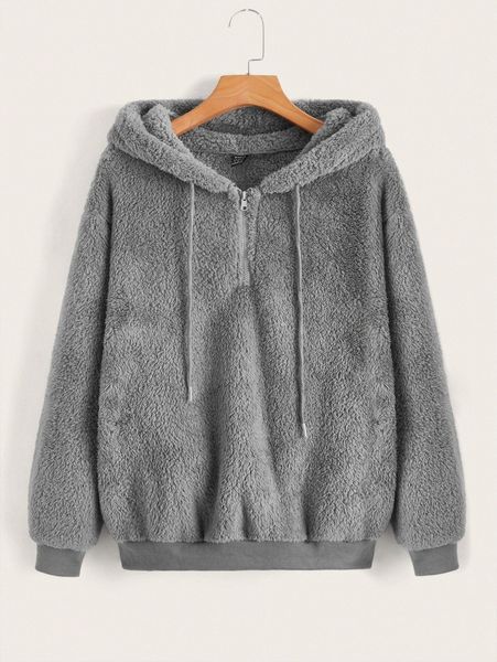 

drop shoulder drawstring teddy hoodie s2ph#, White;black