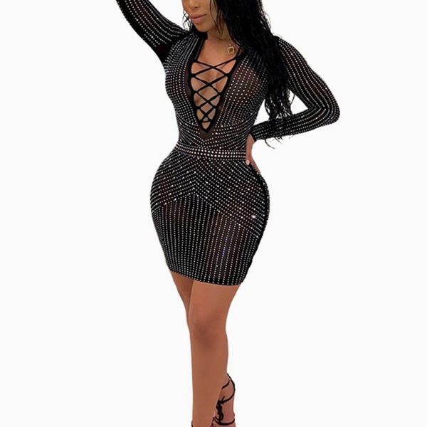 

women's bandage mesh sheer rhinestone perspective long sleeve stretch skinny dress ladies see through nightclub mini casual dresses, Black;gray