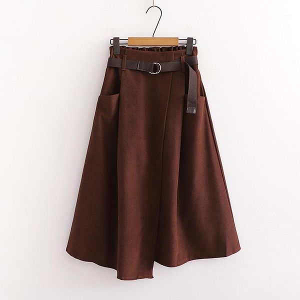 

skirts 2021 women korean style fashion elastic waist black female spring autumn high midi skirt with belt irregular khaki