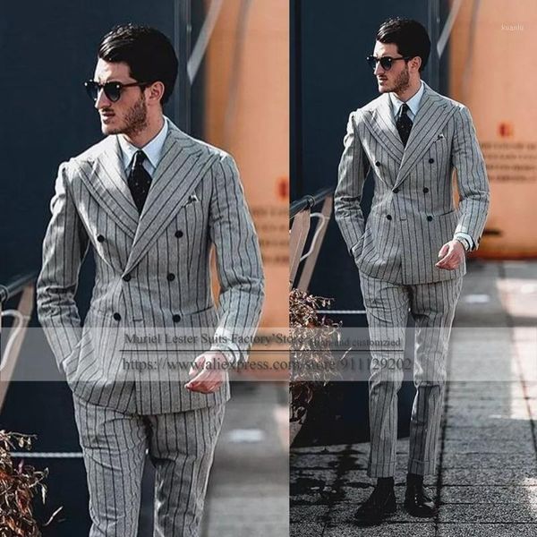 

grey striped customized wedding tuxedos slim fit double breasted jacket suits business party prom blazer 2 piece cost with pants men's, White;black