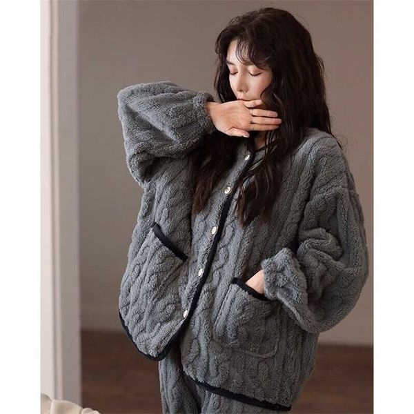 

winter thicken warm coral fleece pajamas sets for women long sleeve +pants female sleepwear solid colour nightwear 211126, Black;red