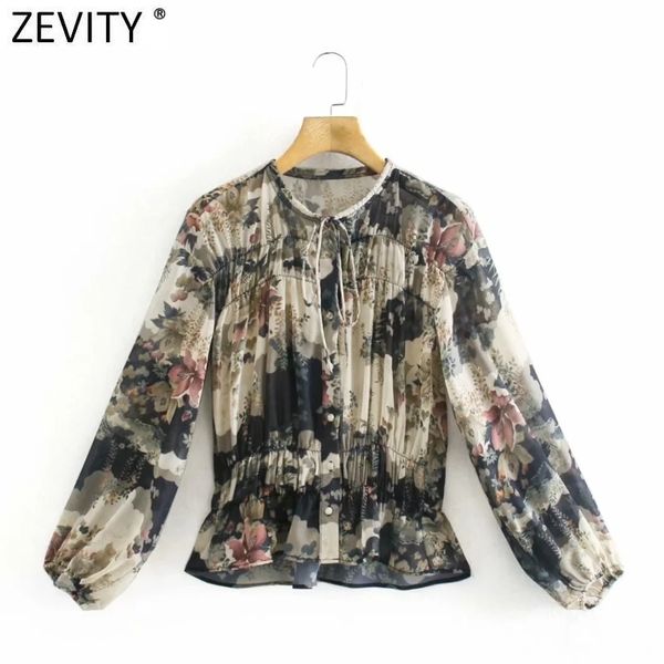 

zevity women vintage ink painting flower print smock blouse office lady retro pleats elastic slim shirts chic blusas ls7528 210419, White