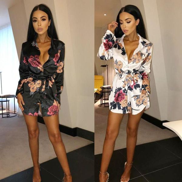 

casual dresses womens floral print dress long sleeve v neck short mini evening party ladies loose summer satin silk above knee, Black;gray