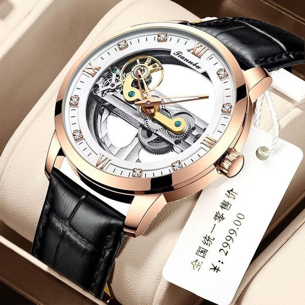 

tiannbu men's hollow watch automatic mechanical creative transparent dial casual leather belt sports trend wristwatches, Slivery;brown