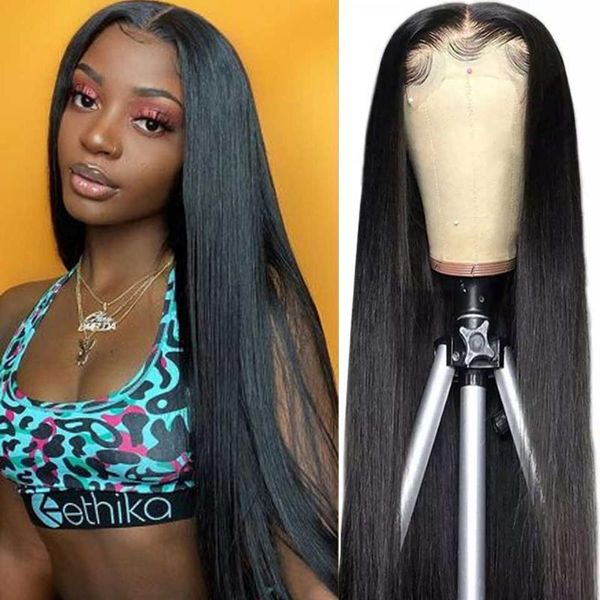 

lace wigs transparent front human hair bone straight t part remy 180% brazilian 30 inch wig, Black;brown