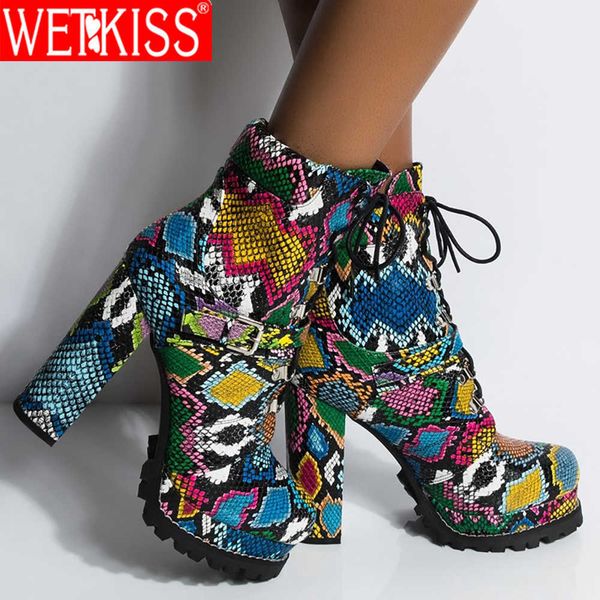 

wetkiss women ankle boots colorful snake print chunky heeled round toe lace-up platform booties warm ladies winter boots 210630, Black