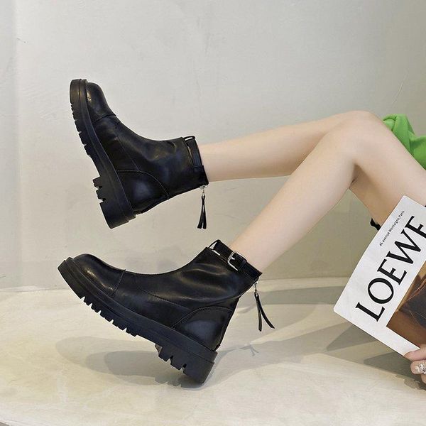 

boots retro soft comfort chunky med heels motorcycle ankle women genuine leather buckle shoes black brown fall winter