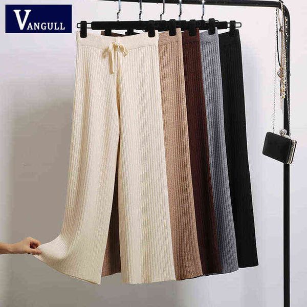 Vangull Primavera Autunno Pantaloni a gamba larga lavorati a maglia Donne Coreano Solid Pit Pantaloni alla caviglia Elastico in vita Pantaloni con lacci Pantaloni della tuta Y211115