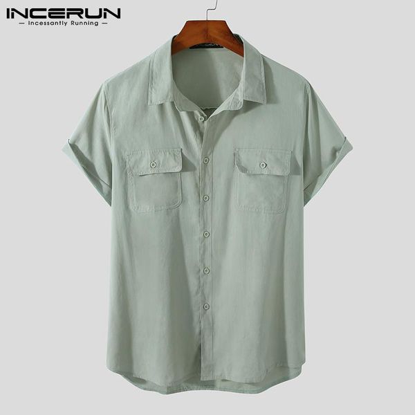

men's casual shirts incerun summer men shirt harajuku turn down collar short sleeve clothing 2021 solid color pockets streetwear camisa, White;black