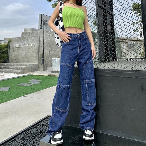 

women's jeans street fashion mid-seam splice women indie aesthetics mid waist straight pant 2021 spring autumn vintage y2k trousers blu, Blue
