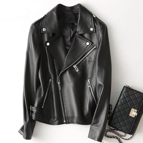 

women's jackets 2021 leather and clothes short slim haining sheepskin motorcycle jacket coat, Black;brown