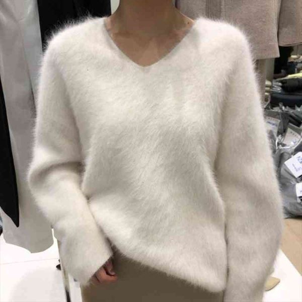 

korean style women v neck mohair sweaters autumn winter long sleeve mik cashmere thick warm soft white loose pullovers, White;black