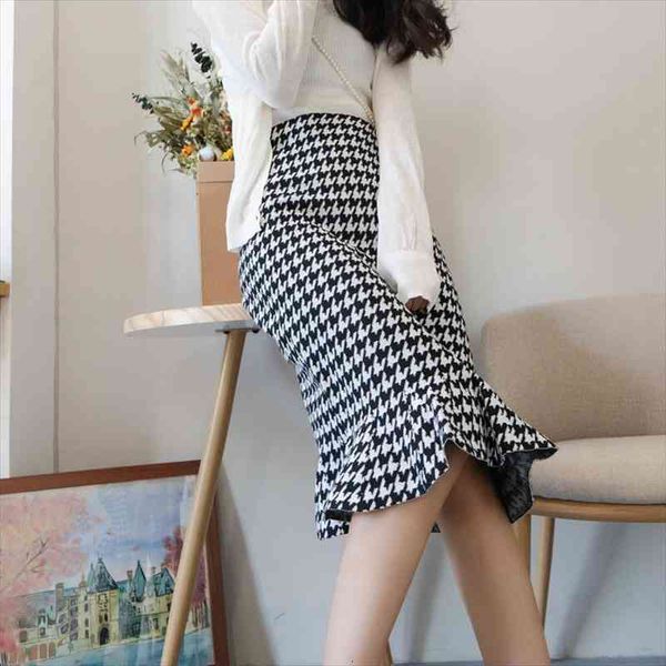 

tingyili houndstooth knit pencil autumn women skirt winter bodycon mermaid high waist office lady midi black red