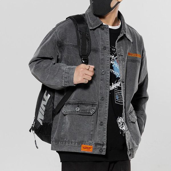 

men's jackets spring autumn 2021 fashion japanese loose grey varsity handsome casual harajuku school clothes lapel denim jacket, Black;brown