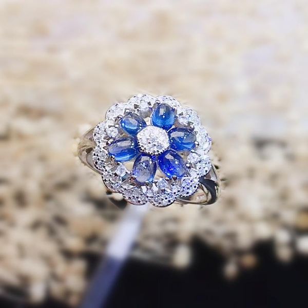 

cluster rings natural real sapphire flower ring per jewelry 925 sterling silver 3*4mm 0.3ct*6pcs gemstone fine j2113015, Golden;silver