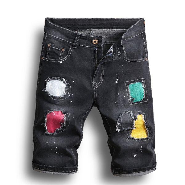

men's jeans mens colorful fabric stitching splash ink summer denim shorts trousers european and american baggy ripped z79k, Blue