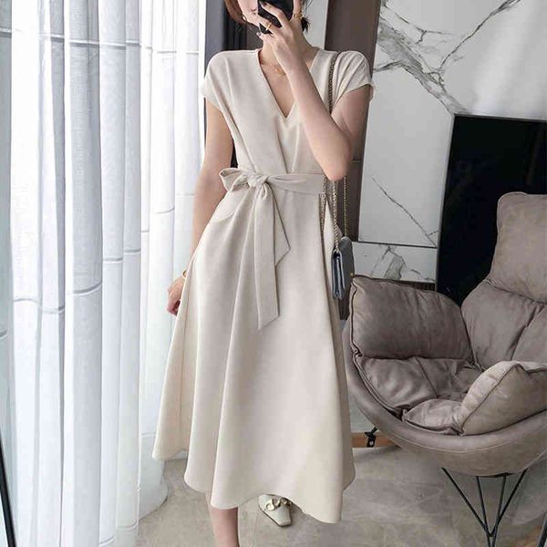 

Casual Dresses Elegant Slim Women V-neck Short Sleeve Midi Office Lady Korean Evening Party Summer Chic 2CH6, Black;gray
