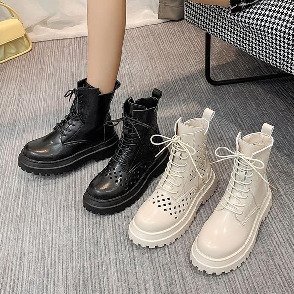 

boots women ankle leather lace up round toe lady zipper platform booties 2021 autumn winter hollow out boot thick sole shoes, Black