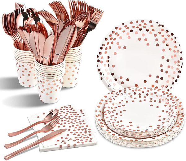 

disposable dinnerware rose gold party supplies sets white plates tableware for graduation birthday wedding bridal christmas