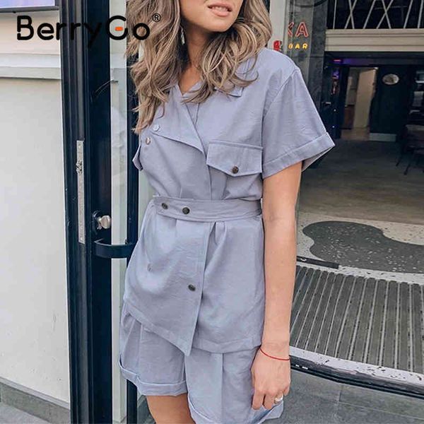

berrygo solid short sleeve office romper women casual belt spring femal sets turn down collar playsuit high street 210513, White