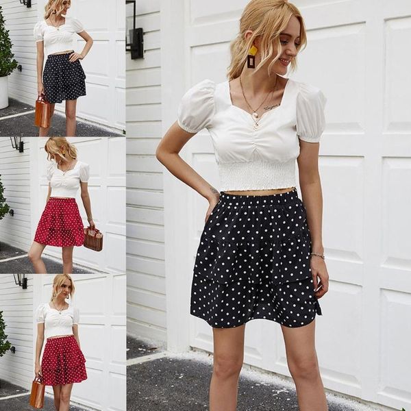 

skirts women polka dot print casual cake skirt swing beach mini short summer party clubwear, Black