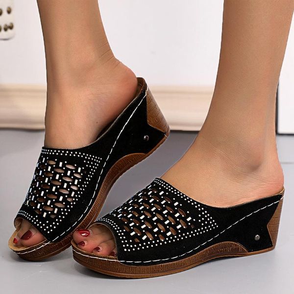 

slippers women crystal wedges hollow out woman peep toe sewing shoes female solid door ladies summer plus size footwear, Black